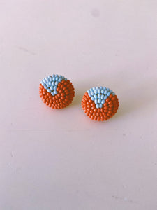 Coral And Blue Button Post Beaded Earring