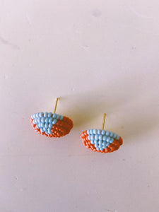 Coral And Blue Button Post Beaded Earring